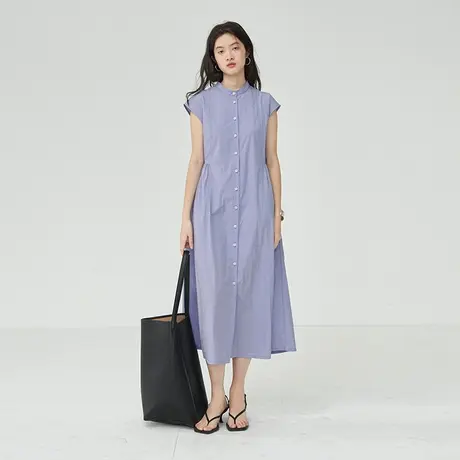 omont蛋挞家 复古小立领衬衫连衣裙夏季新款高腰显瘦直筒中长裙子图片