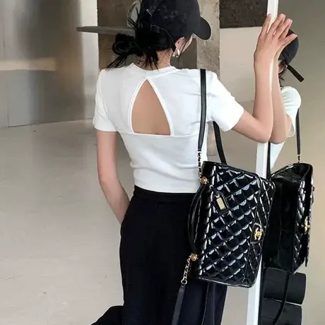 夏季新款设计感露背修身上衣女2023韩版纯色露脐高腰心机短袖T恤图片