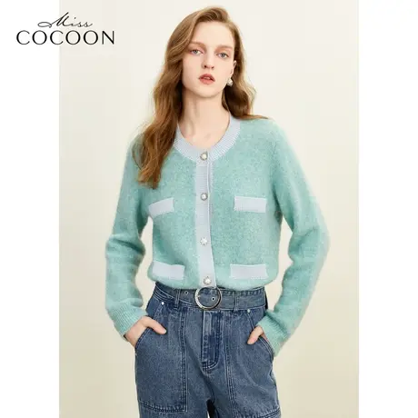 missCOCOON宽松V领开衫2023冬季新女时尚撞色罗纹设计H型毛针织衫图片