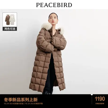 太平鸟零重力毛领连帽长款面包羽绒服女2023冬新款轻暖外套白鸭绒图片