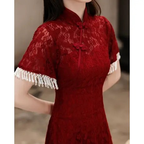 旗袍敬酒服新娘小个子短款结婚女夏季订婚礼服红色蕾丝连衣裙流苏图片
