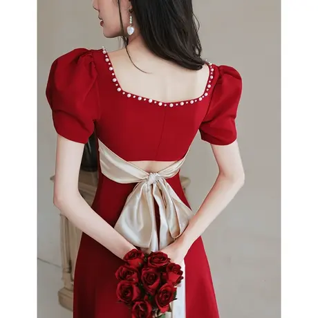 敬酒服新娘夏季酒红色结婚回门订婚小晚礼服连衣裙女法式平时可穿图片