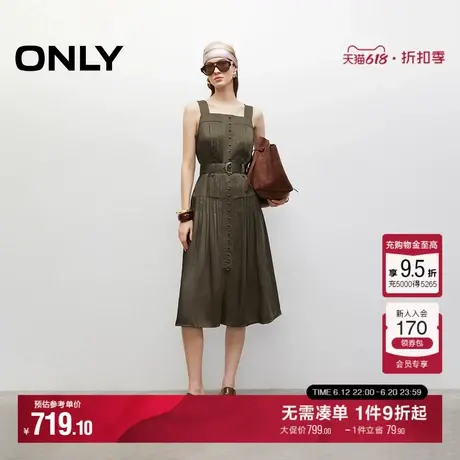 ONLY2025夏季新款复古缎光面料方领无袖收腰中长裙百褶连衣裙女图片