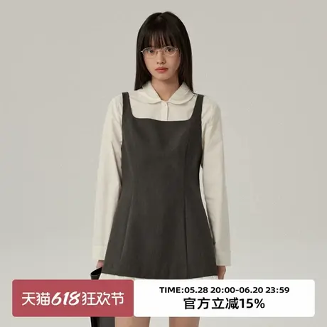 omont蛋挞家 灰色方领收腰显瘦背心裙2025春季气质无袖短款连衣裙图片