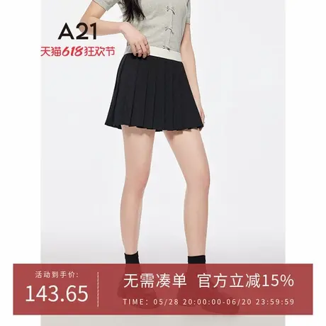 A21女装黑色拼接撞色A字半身裙2025夏季新款简约短裙宽松百褶裙图片