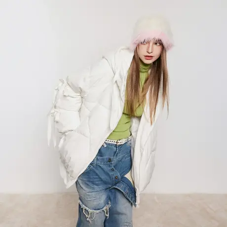 设计感纯色连帽棉服女冬季加厚外套2023新款复古宽松潮牌棉衣棉袄图片