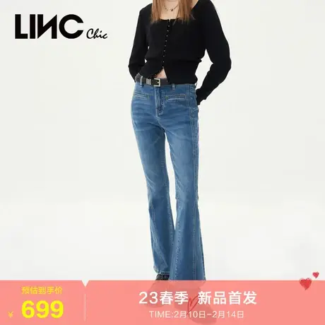 LINC金羽杰牛仔裤女2023年秋季新款复古蓝色中高腰女士微喇裤长裤图片