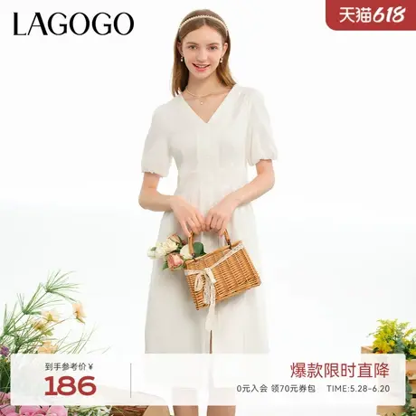 LAGOGO全棉提花舒适V领连衣裙女拉谷谷夏季新款气质泡泡袖裙子图片