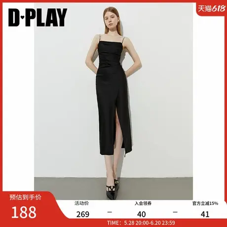 DPLAY【惠品】2025年夏季新款黑色连衣裙女流行缎面吊带裙子长裙图片