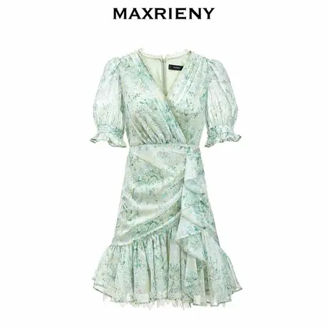 【奥莱】MAXRIENY蕾丝V领茶歇裙夏碎花连衣裙高腰裙图片