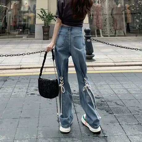 大码胖mm绑带时尚直筒牛仔裤女秋冬季新款设计感高腰阔腿裤图片