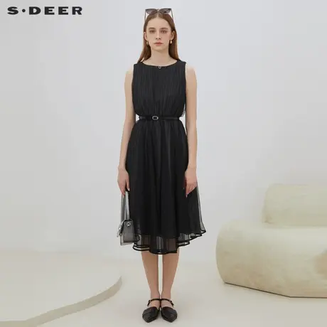 sdeer圣迪奥女装圆领褶皱网纱无袖连衣裙S222Z124V图片