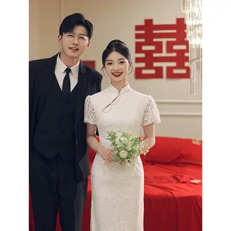 领证登记白色旗袍订婚小礼服连衣裙平时可穿敬酒服新中式性感露背图片