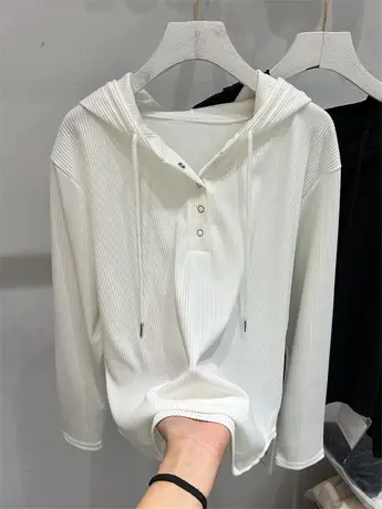 韩版抽绳连帽t恤女卫衣2024春季新款修身显瘦内搭设计感打底上衣图片