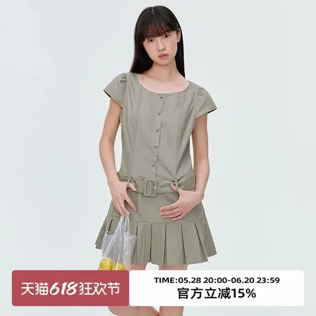 omont蛋挞家复古收腰显瘦短袖连衣裙2025夏季圆领学院风百褶短裙图片