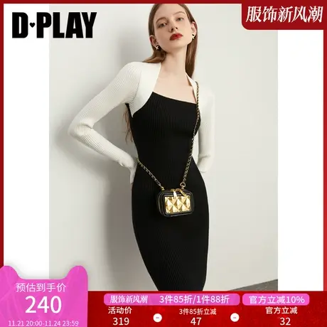 DPLAY秋装装新款复古美背梯形领设计黑白拼色针织连衣裙图片