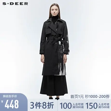 sdeer圣迪奥女装翻领双排扣水墨晕染开衩中长款收腰风衣S19381843图片