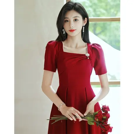 敬酒服新娘夏季小个子订婚礼服连衣裙平时可穿女回门方领缎面钉珠图片