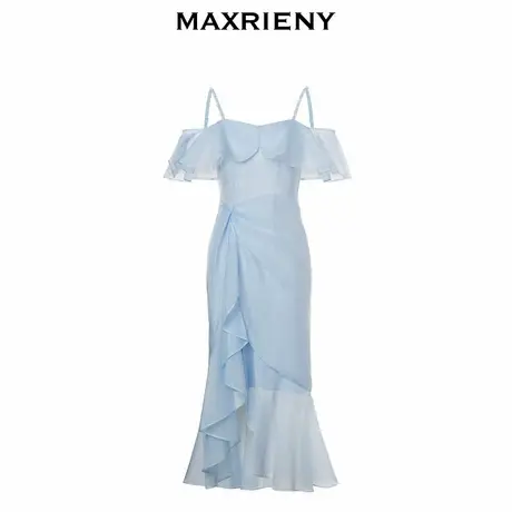 【奥莱】MAXRIENY复古感一字肩吊带鱼尾裙不对称收褶连衣裙女图片