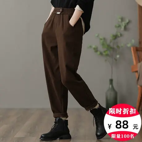 dza 纯棉加绒直筒裤子女冬季宽松阔腿裤休闲哈伦裤百搭加厚工装裤图片