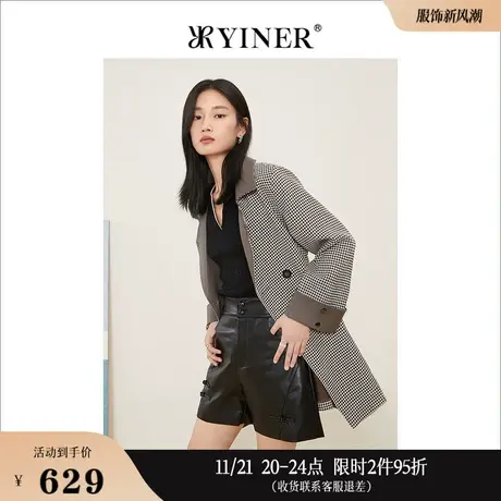 YINER音儿线上专选女装冬季一手长外套含羊皮千鸟格西装领短大衣图片