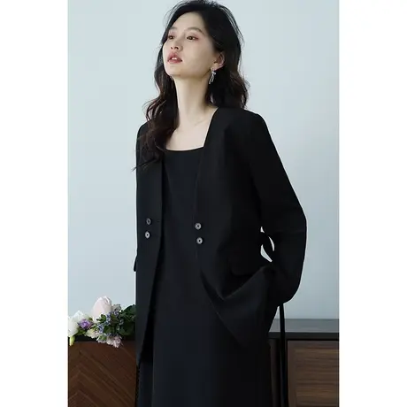 嘉茱莉2025春季新款V领西装外套女中长款宽松上衣设计感西服小众图片