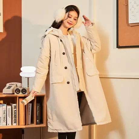 唐狮2024秋冬新款女长款羽绒服连帽毛领双口袋长外套保暖温柔抗风图片