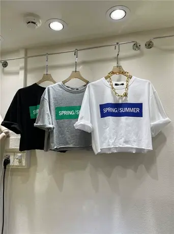 短袖t恤女2021夏季新款韩版ins潮字母印花撞色宽松休闲短款上衣服图片