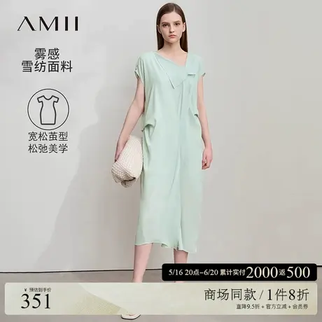 Amii2025夏新款休闲斜V领不对称雪纺连衣裙女宽松连袖小黑裙子图片