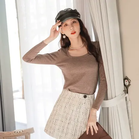 桔熊秋冬季韩版温暖纯色U领长袖打底衫上衣女装胖妹妹大码AB16107图片