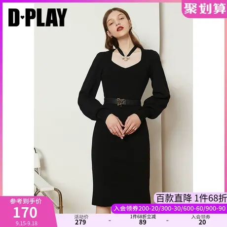 DPLAY德帕拉秋装款黑色宫廷领复古泡泡袖收腰针织连衣裙图片