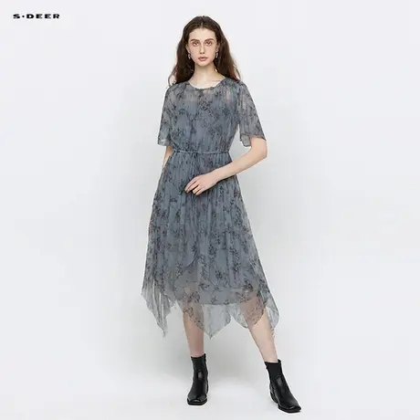 sdeer圣迪奥女装圆领碎花收腰网纱泡泡袖连衣裙S242Z12A3图片