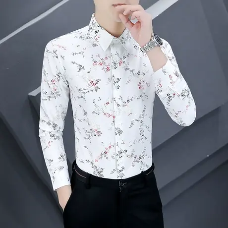 2023新款春季碎花长袖衬衫男士潮流韩版痞帅男装烫金个性修身衬衣图片