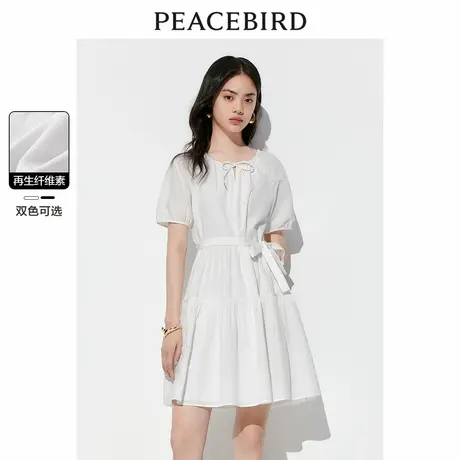 太平鸟女装短款初恋小白裙夏圆领短袖连衣裙小众收腰裙子图片