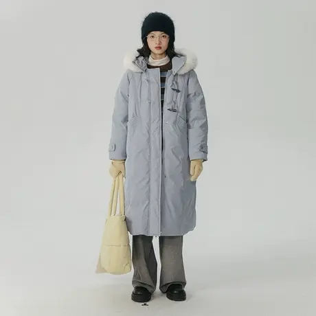 omont蛋挞家 牛角扣连帽毛领羽绒服女冬季新款中长款保暖加厚外套图片
