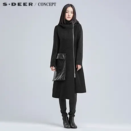 sdeer圣迪奥女装2018冬装肌理感立体横条斜襟长毛呢外套S16481889图片