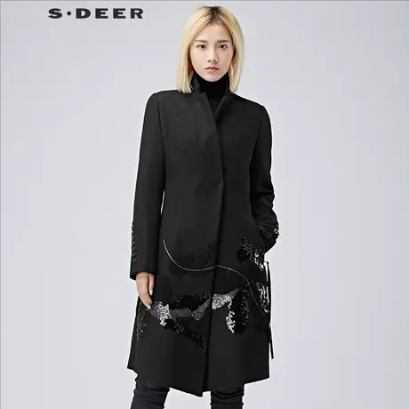 sdeer圣迪奥2018冬装闪亮贴片翻领气质修身毛呢大衣女S16481893图片