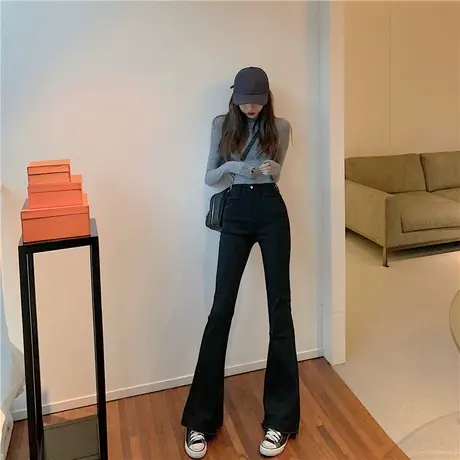 显高微喇阔腿黑色牛仔裤女长裤2023春秋新款修身高腰显瘦喇叭裤子图片
