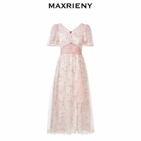 【奥莱】MAXRIENY碎花雪纺长裙V领连衣裙重工茶歇裙图片