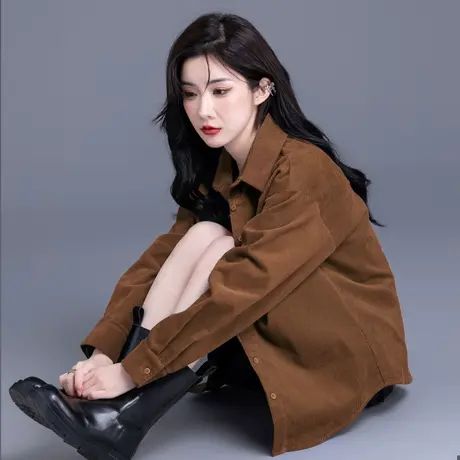 咖色灯芯绒长袖衬衫女2023新款秋冬美拉德穿搭外套高级感条绒上衣图片