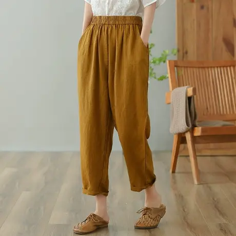 dza 高腰显瘦亚麻休闲裤女2023夏九分直筒裤萝卜裤宽松棉麻哈伦裤图片