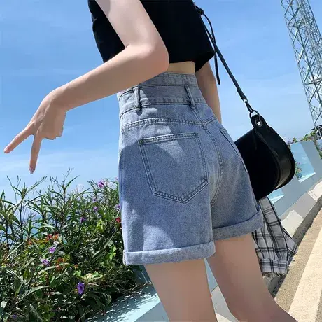高腰牛仔短裤女秋冬2023新款宽松显瘦阔腿a字排扣卷边热裤子秋冬图片