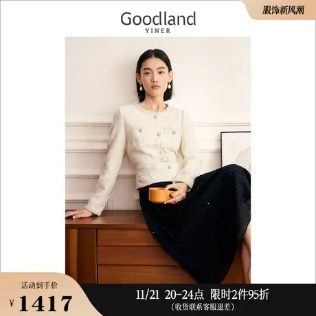 Goodland美地女装冬季含羊毛粗花呢蕾丝撞色A字型连衣裙图片