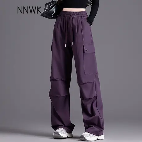 紫色休闲运动裤子女2025新款春夏美式工装裤女酷飒风阔腿裤直筒裤图片