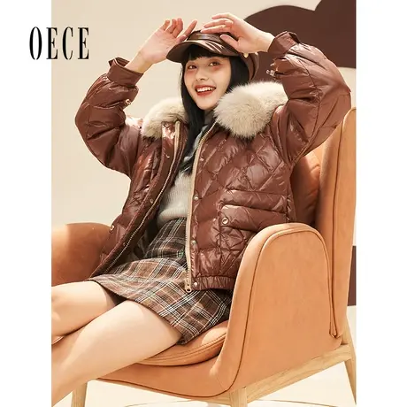 Oece短款羽绒服冬新款女复古小个子气质大毛领外套图片