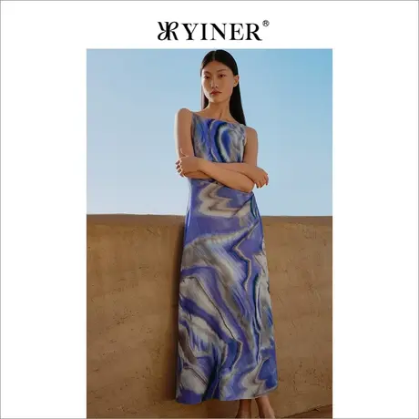 YINER音儿女装夏季法式优雅抽象艺术印花桑蚕丝连衣裙图片