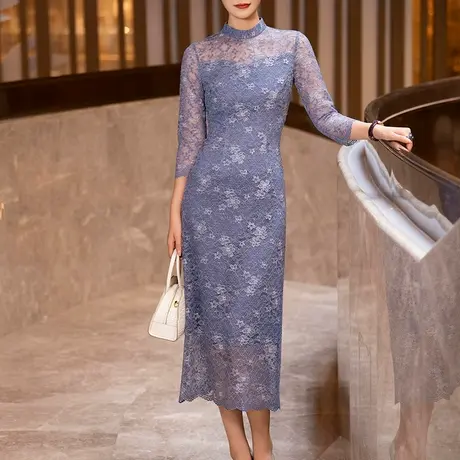 春季连衣裙女2025新款气质复古立领修身镂空蕾丝新中式改良旗袍裙图片