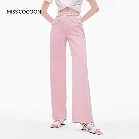 MISSCOCOON可可尼粉色牛仔裤女2025秋季新款欧若风高腰纯棉直筒裤图片