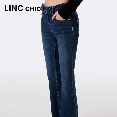 LINCCHIC金羽杰2023秋冬季新款复古修身显瘦蓝色长裤微喇牛仔裤女图片