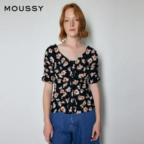 下）MOUSSY  新款印花v领复古抽褶短款衬衫010FAH30-6330图片
